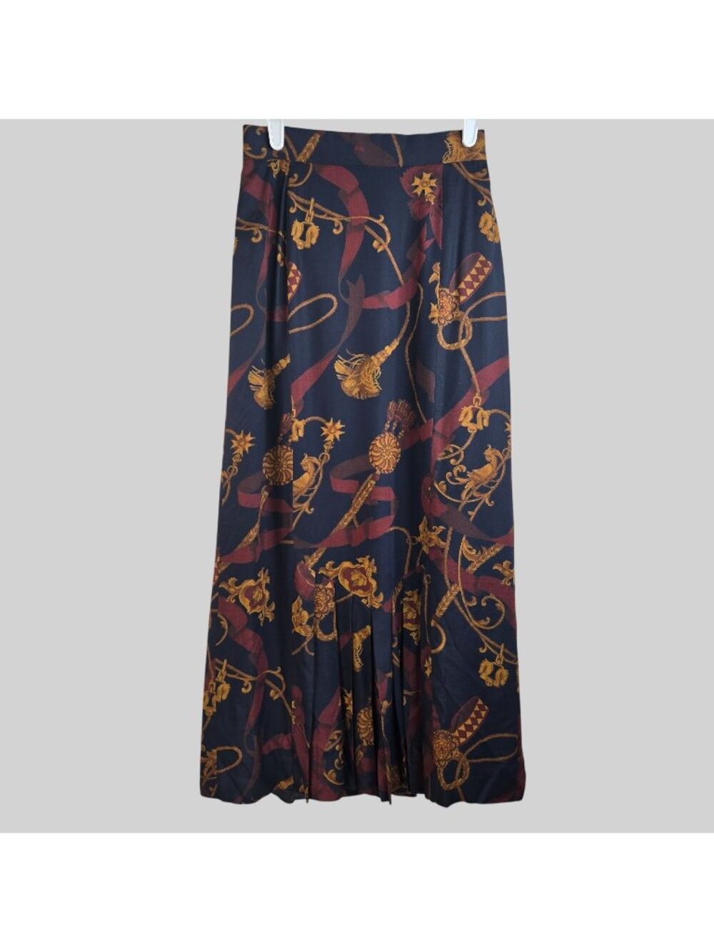 VTG Equestrian Maxi Skirt Sz 6 Wool Blend Blue Preppy Pleated Long Western Print